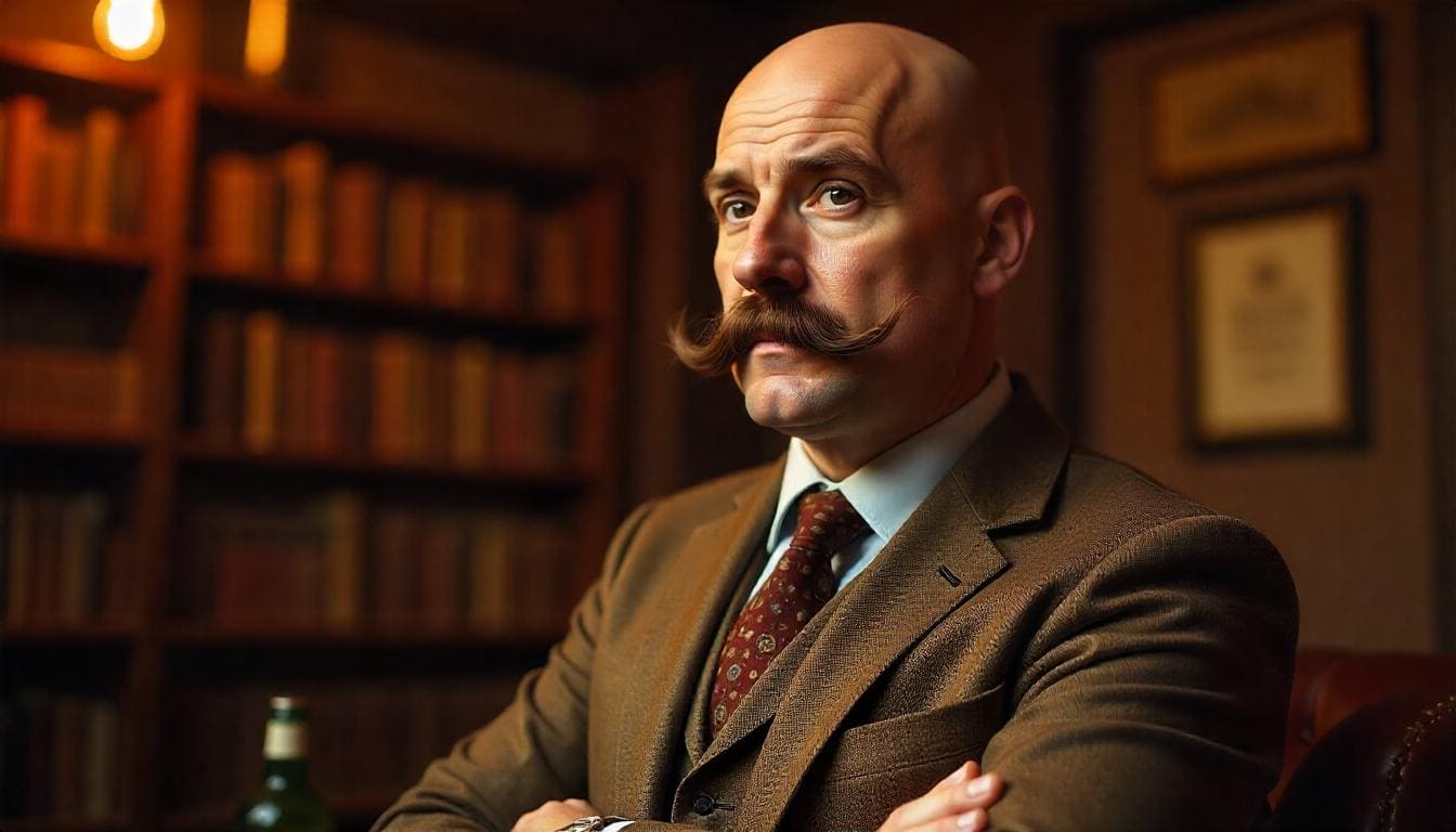 Bald gentleman with a curled handlebar mustache, exuding vintage charm.